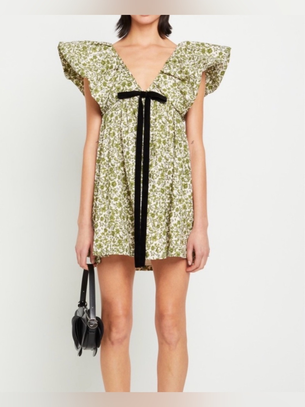 o.p.t Mini Dress with Green Floral Print and Black Velvet Tie